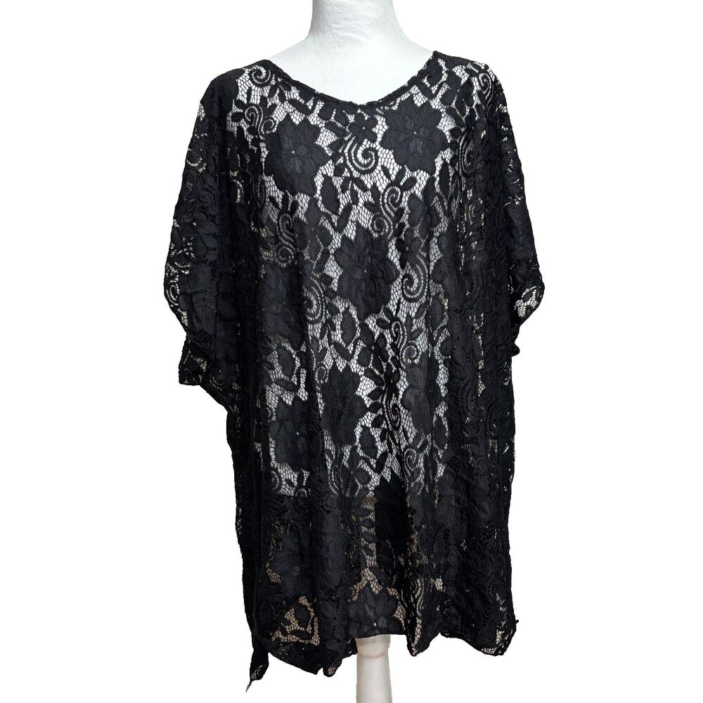Swim Cover Up Womens 1x Black Floral Lace Butterfly Sleeves Beach Vacation Flowy